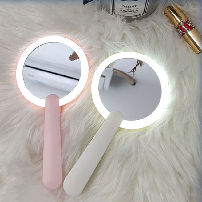 Mini espejo de tocador redondo LED con mango compacto plegable para viaje