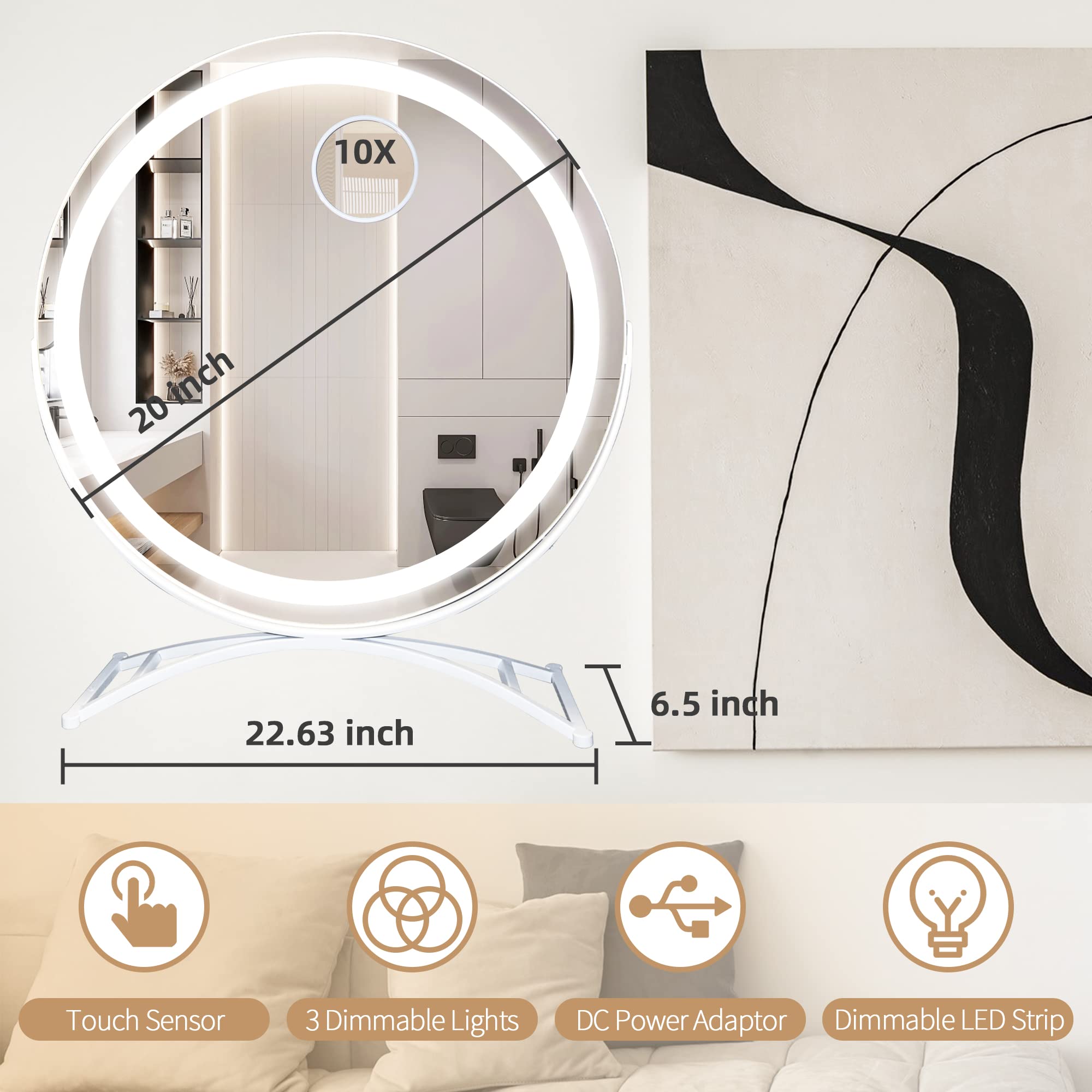 Espejo de tocador grande de 20" con espejo de aumento 10X desmontable